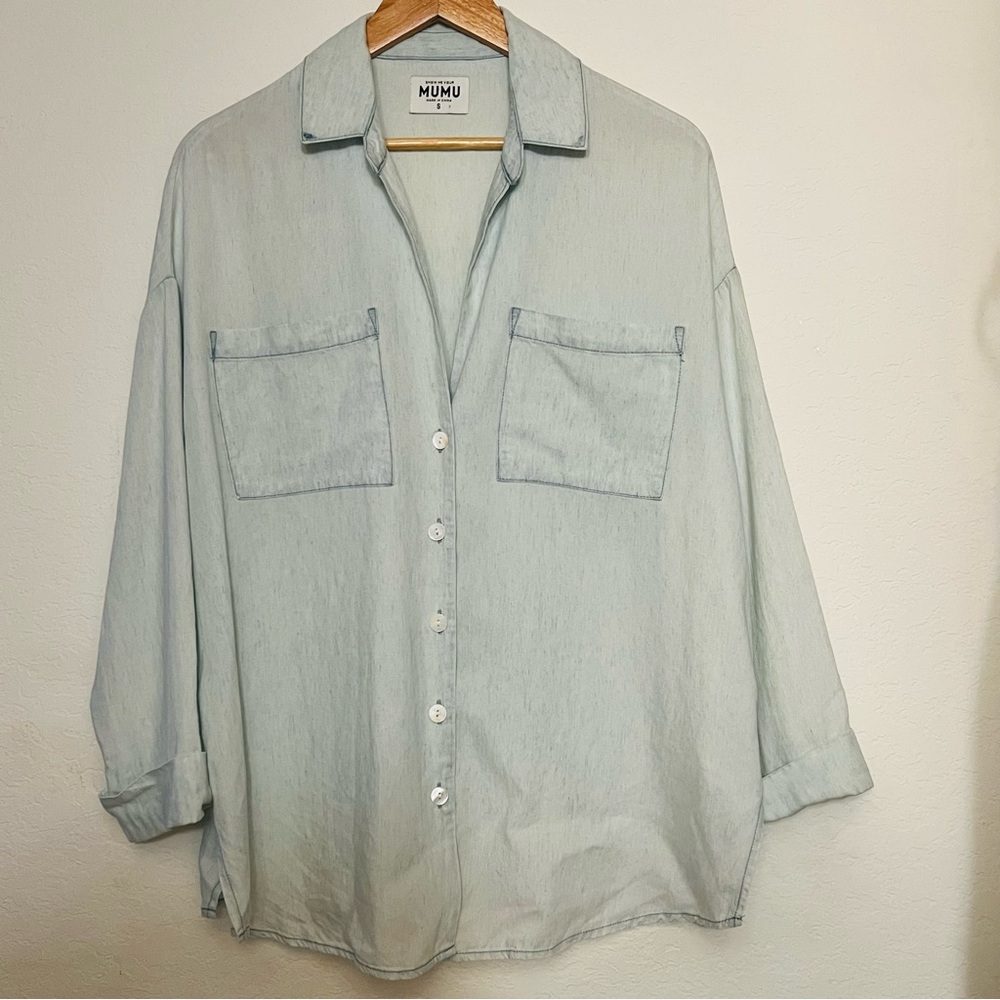 SHOW ME YOUR MUMU SM Weekday Button Up Shirt Light Chambray Oversized Semi Sheer